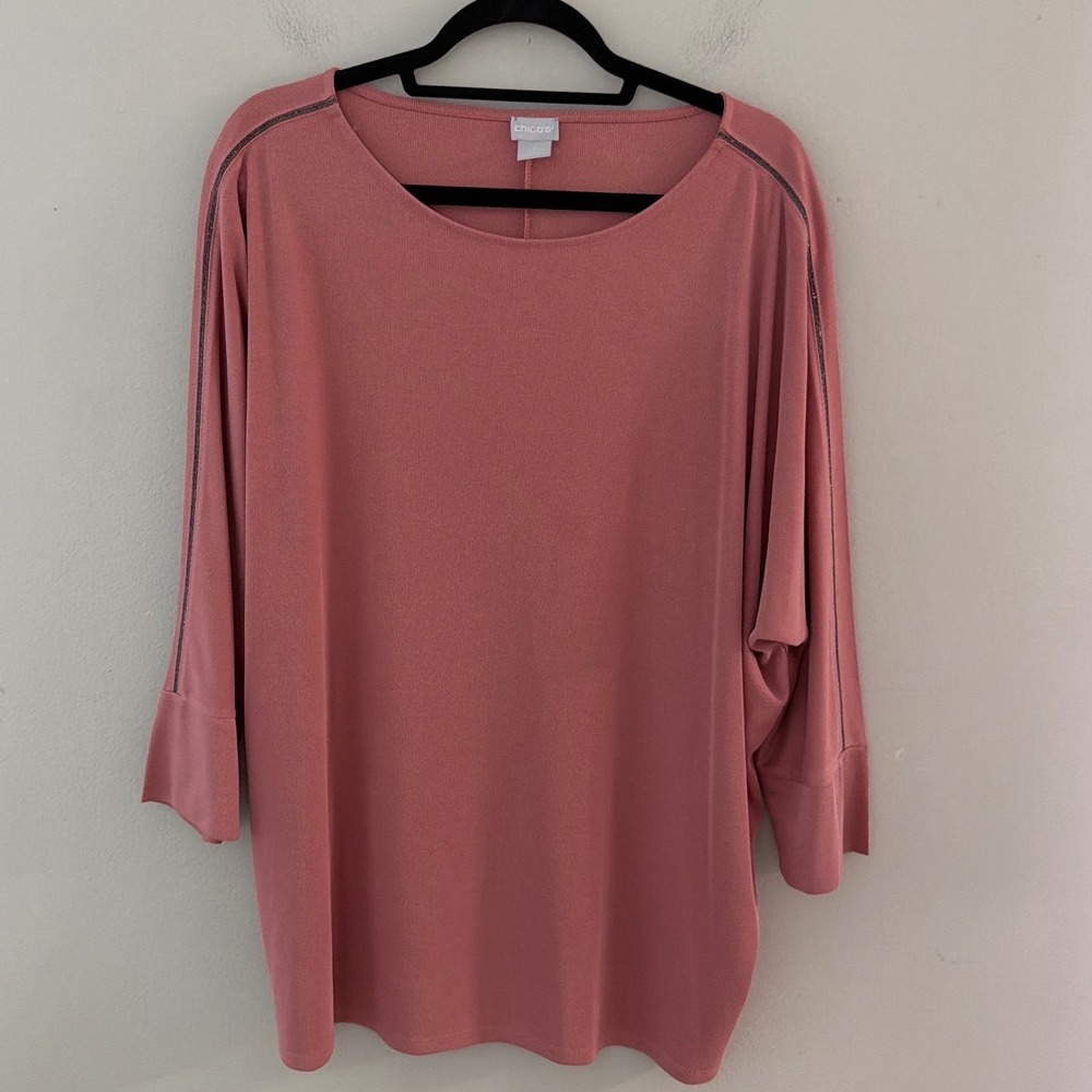 Chicos Ribbed Knit Dolman Sleeve Top Dusty Rose Pink Metallic Trim Women Sz 3 XL